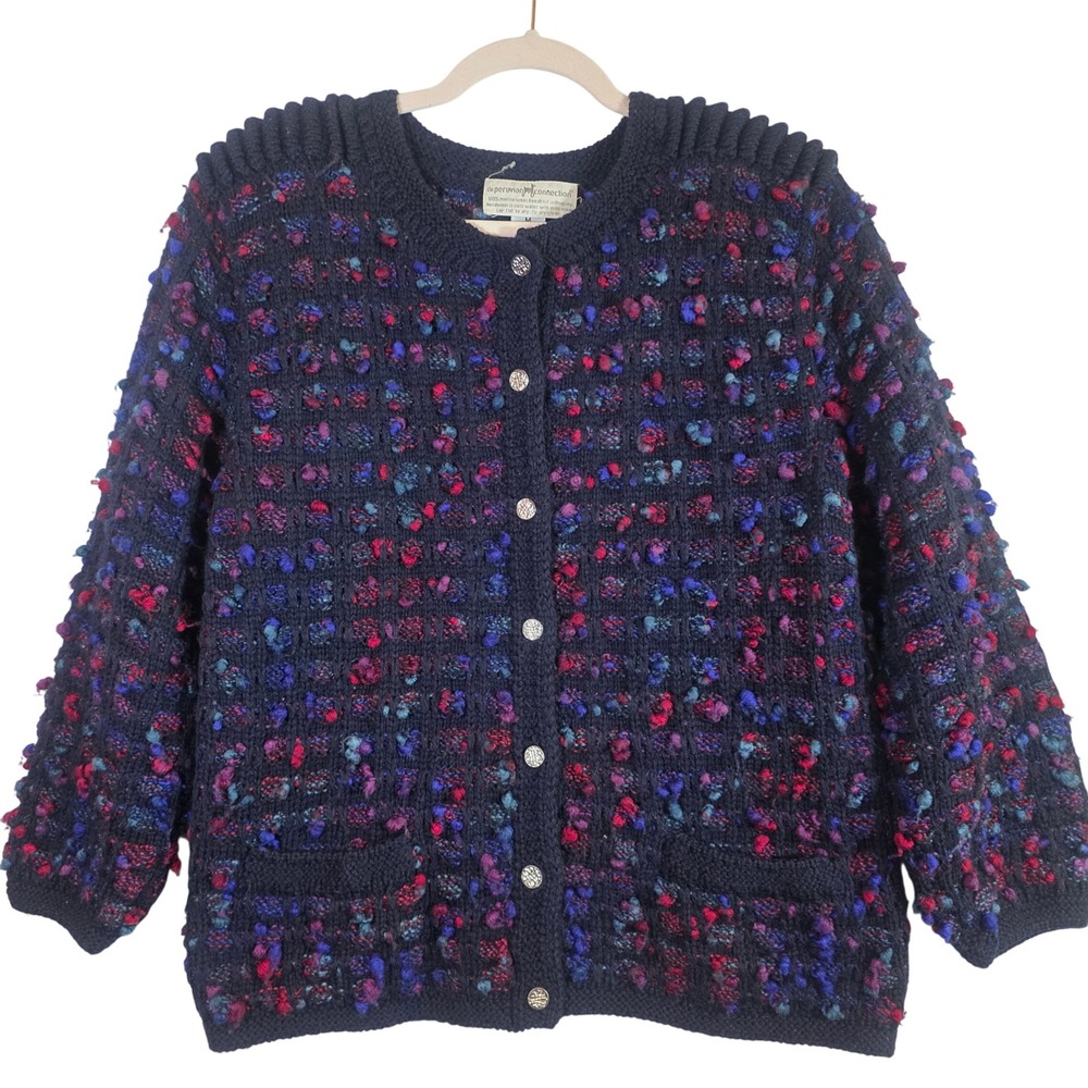 PERUVIAN CONNECTION Vintage Women's M Navy Merino Wool Chunky Knit Cardigan Boho